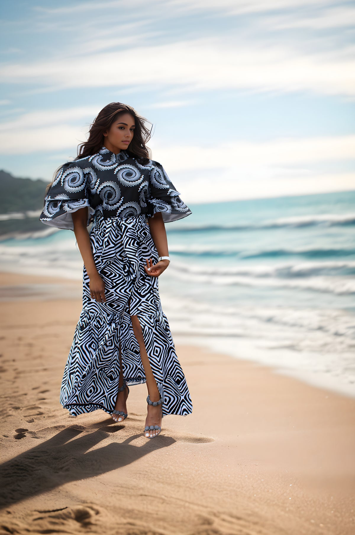 Emma2 Multi Black and White Pattern Long Dress