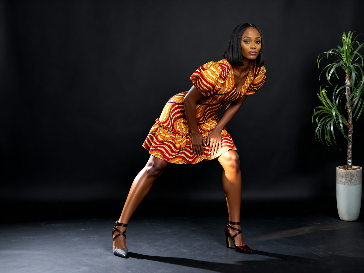 Puff Sleeves Short Dress ( Orange)