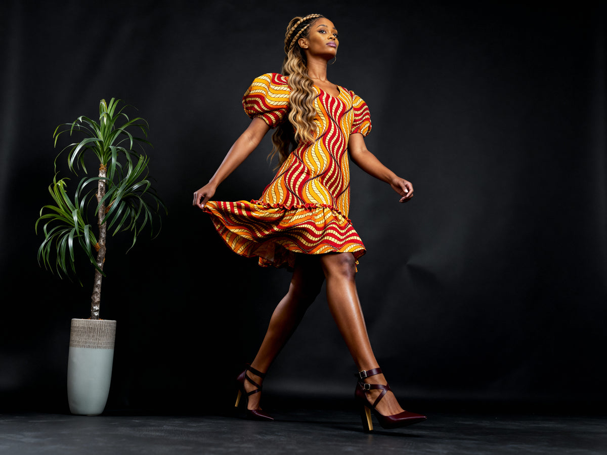 Puff Sleeves Short Dress ( Orange)