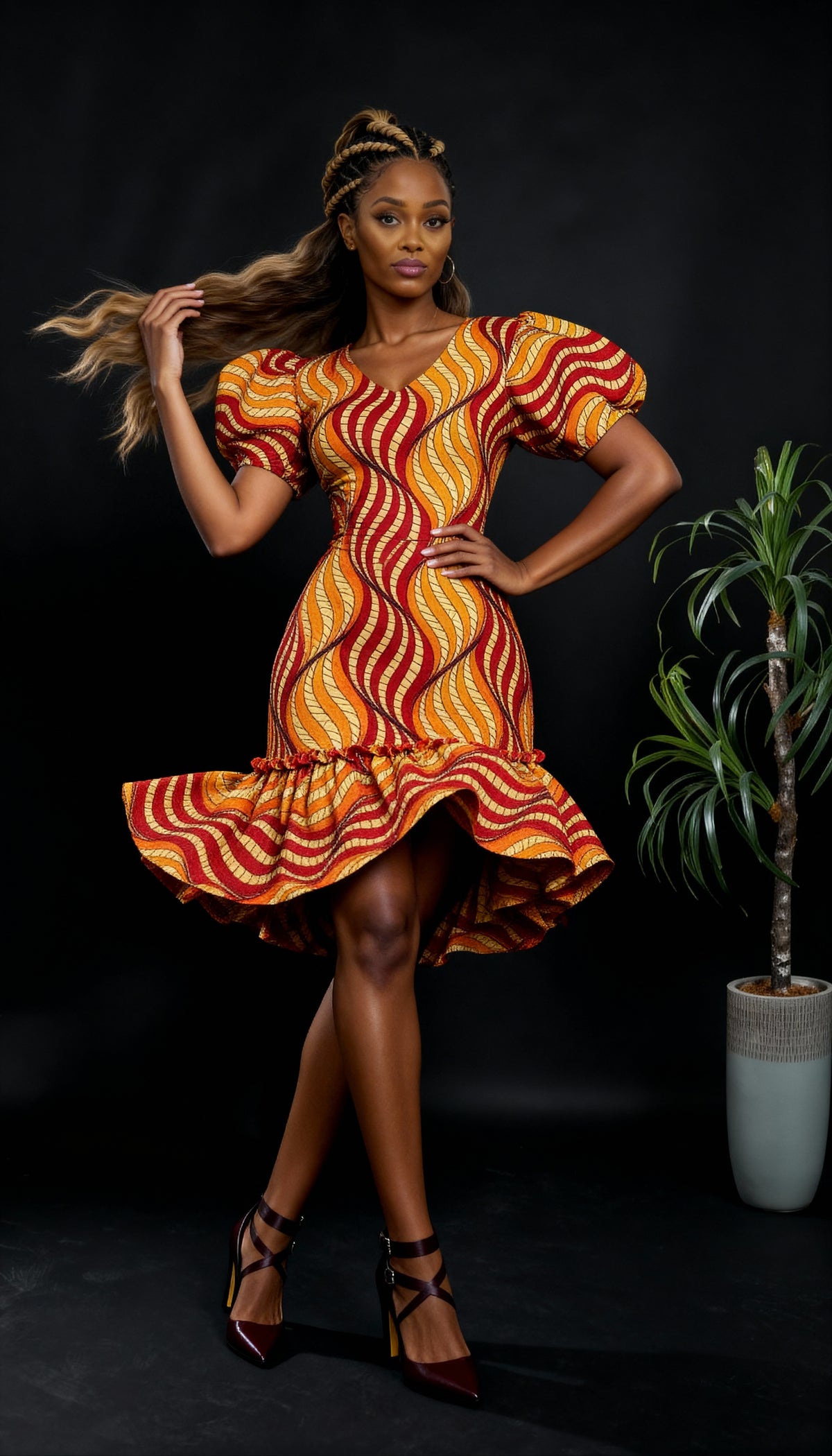 Puff Sleeves Short Dress ( Orange)