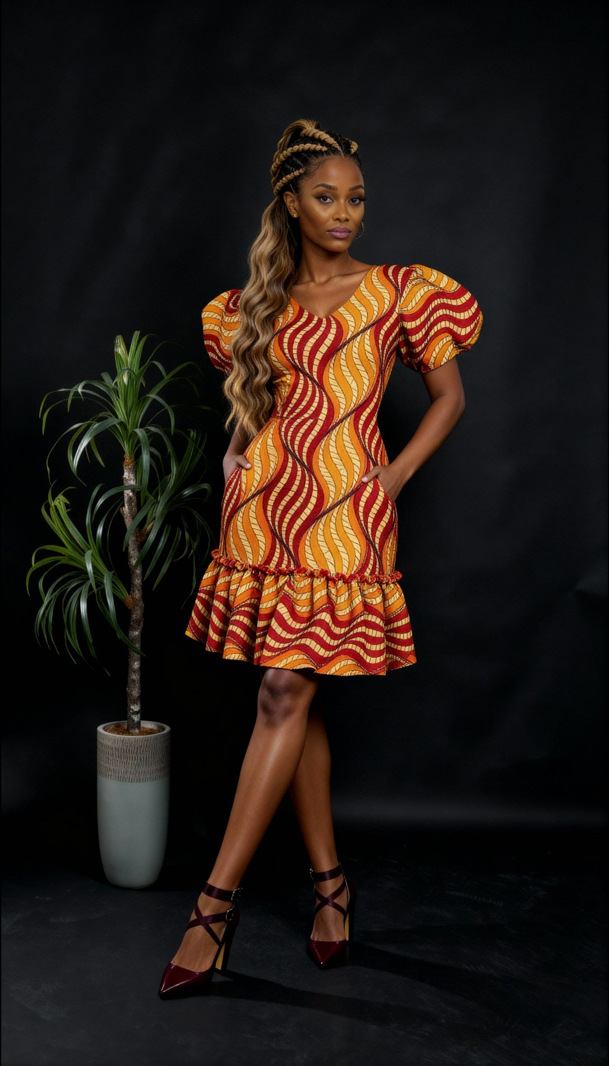 Puff Sleeves Short Dress ( Orange)