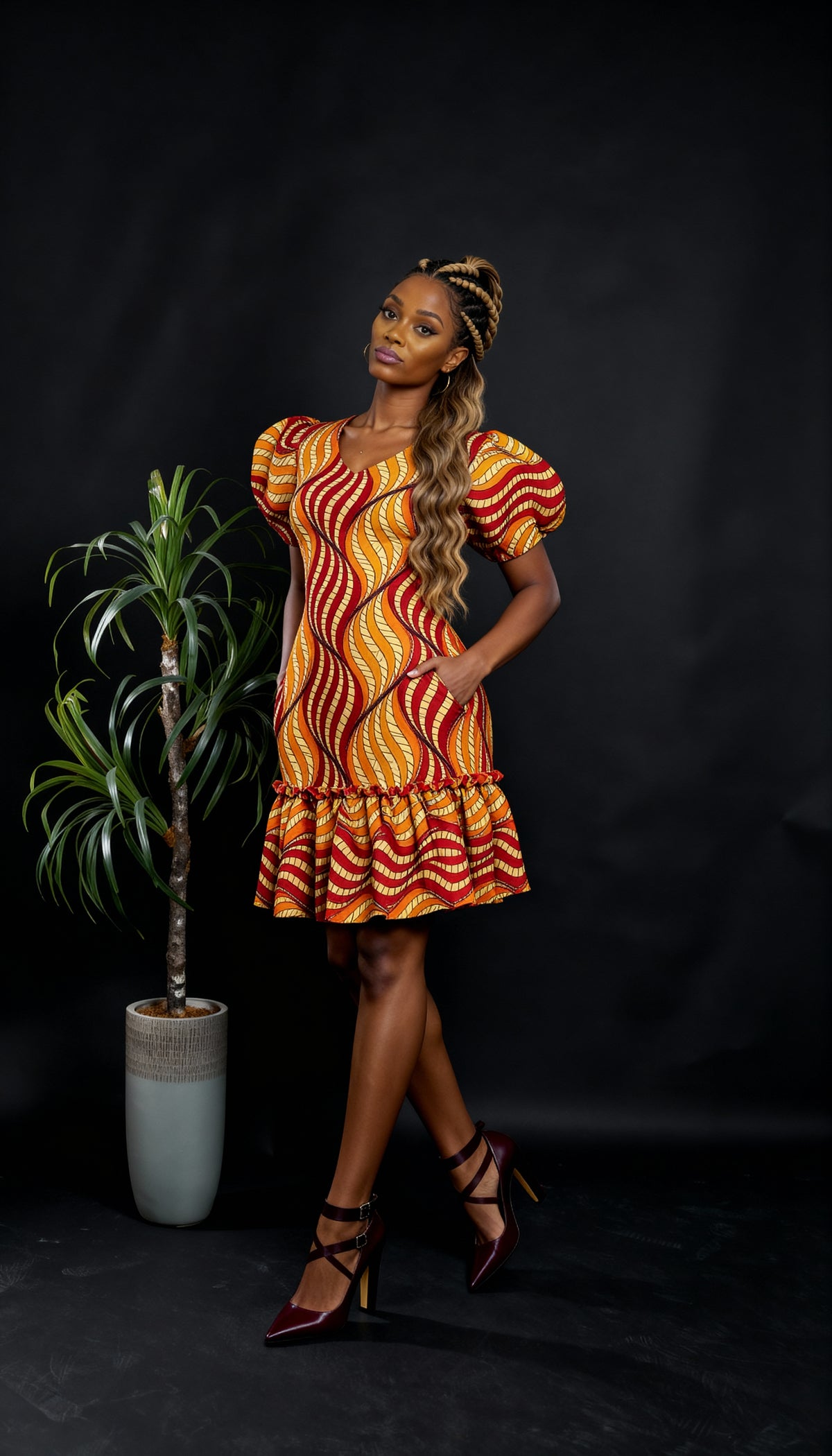 Puff Sleeves Short Dress ( Orange)