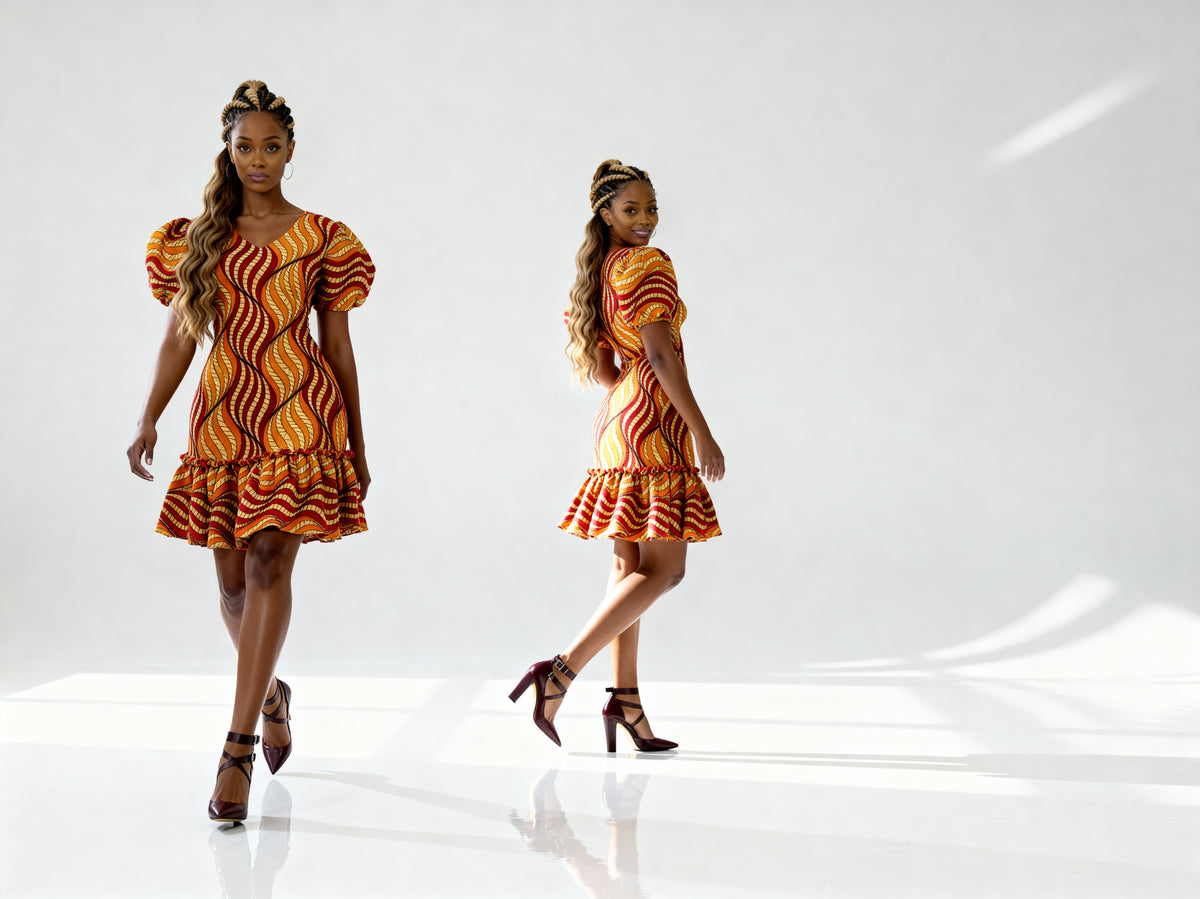 Puff Sleeves Short Dress ( Orange)