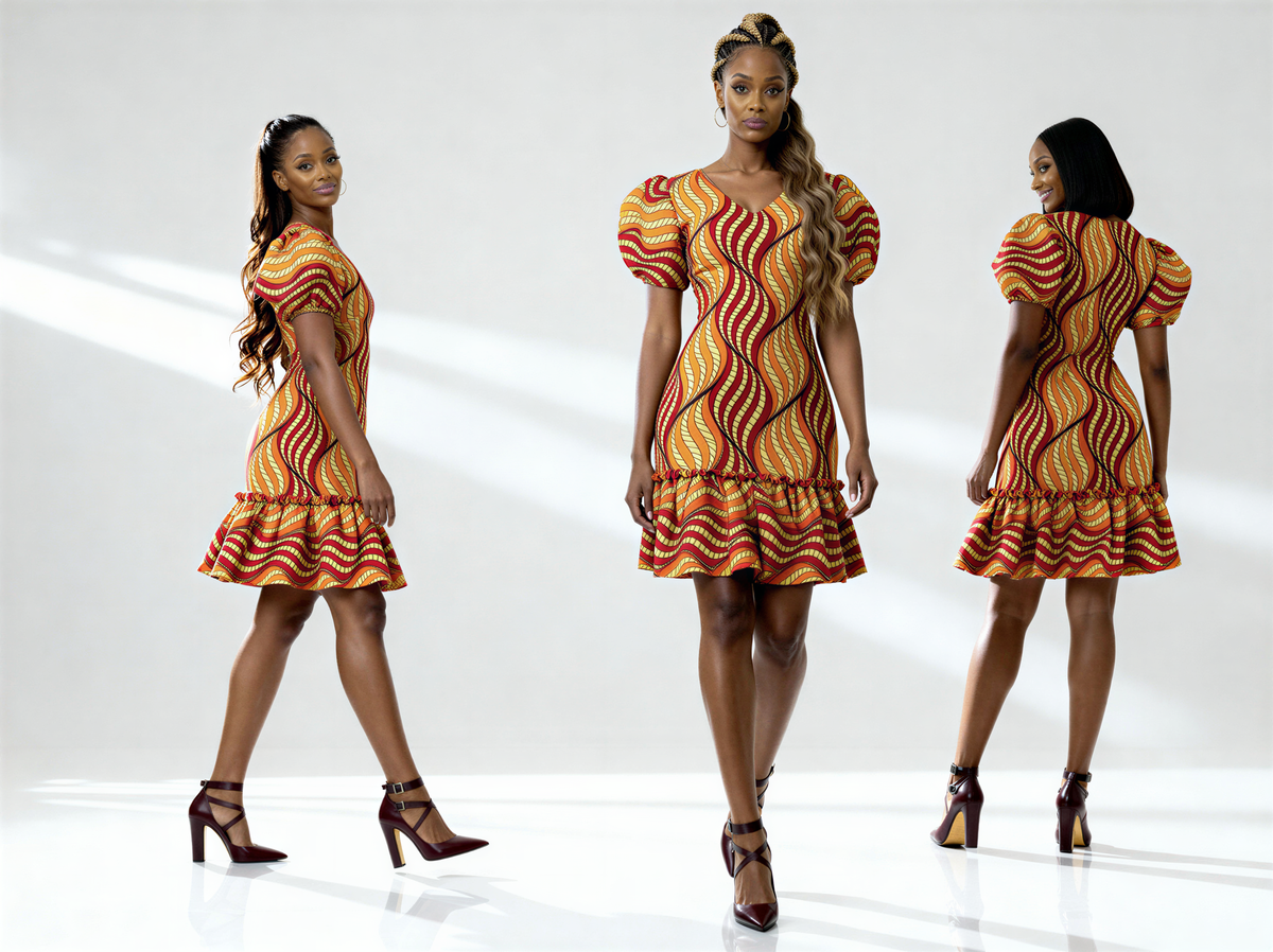 Puff Sleeves Short Dress ( Orange)