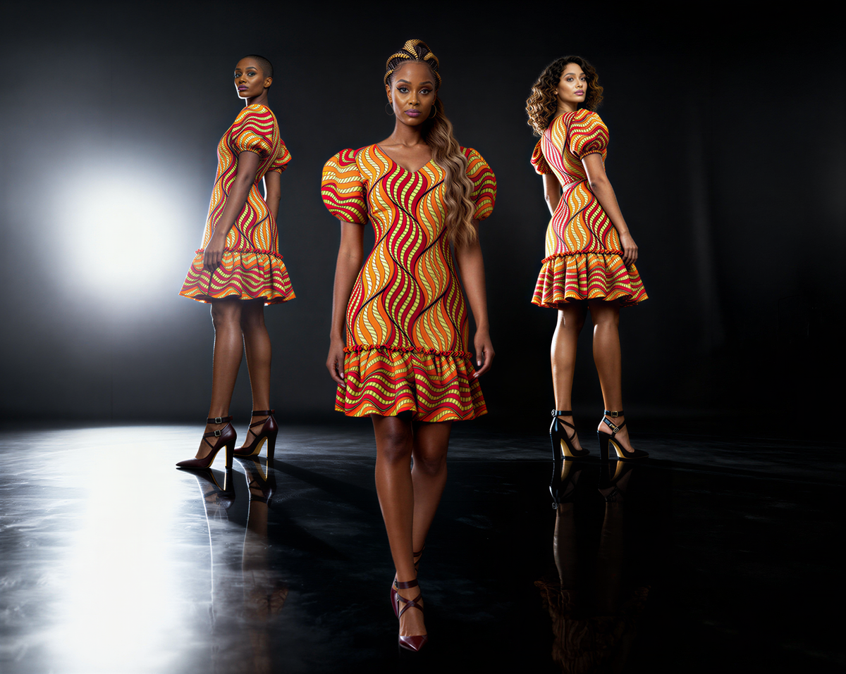 Puff Sleeves Short Dress ( Orange)