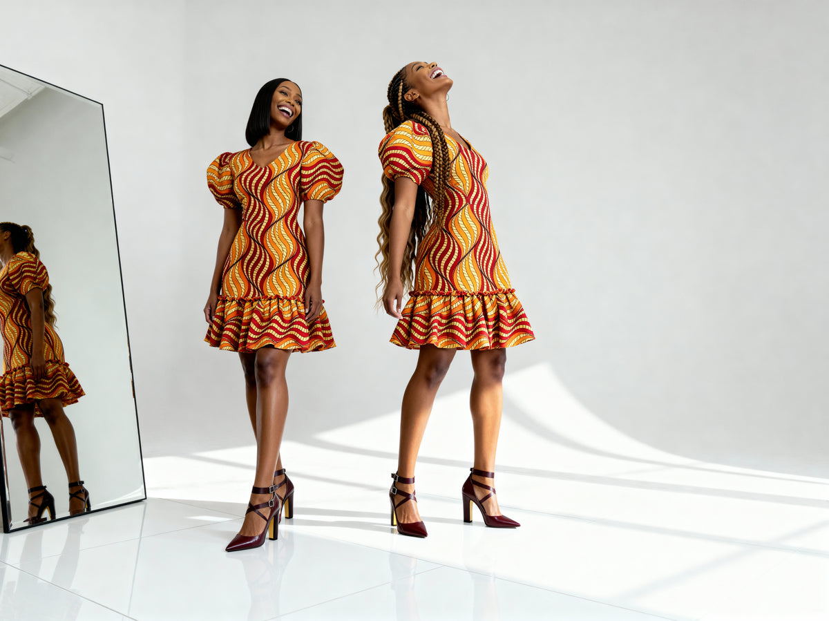 Puff Sleeves Short Dress ( Orange)