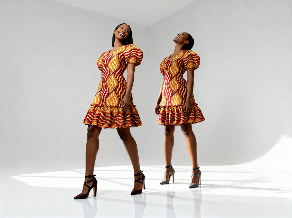 Puff Sleeves Short Dress ( Orange)