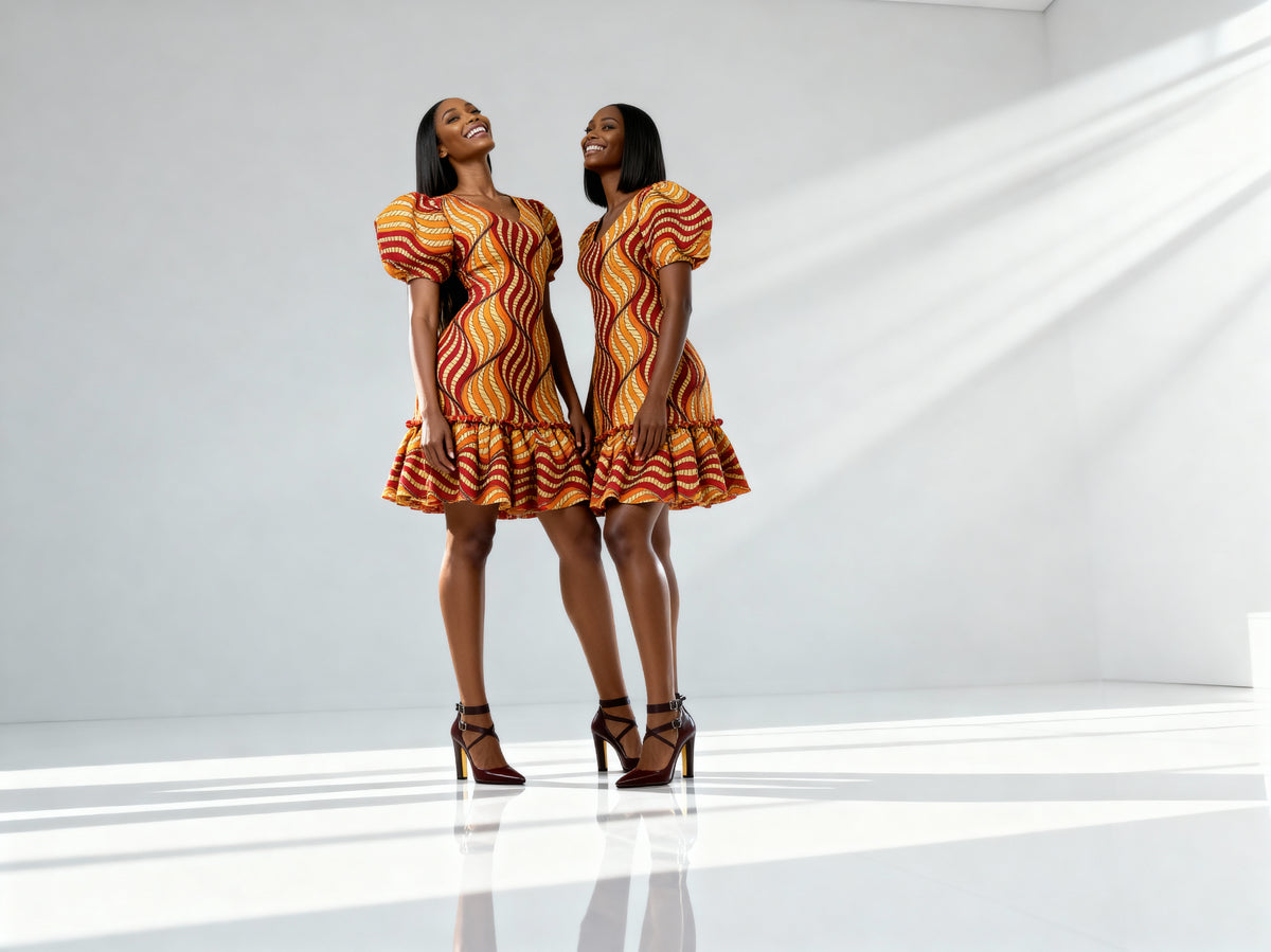 Puff Sleeves Short Dress ( Orange)