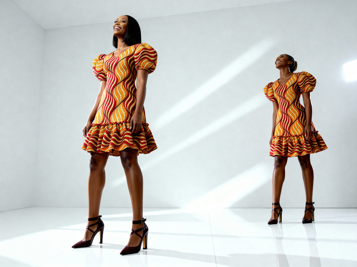 Puff Sleeves Short Dress ( Orange)