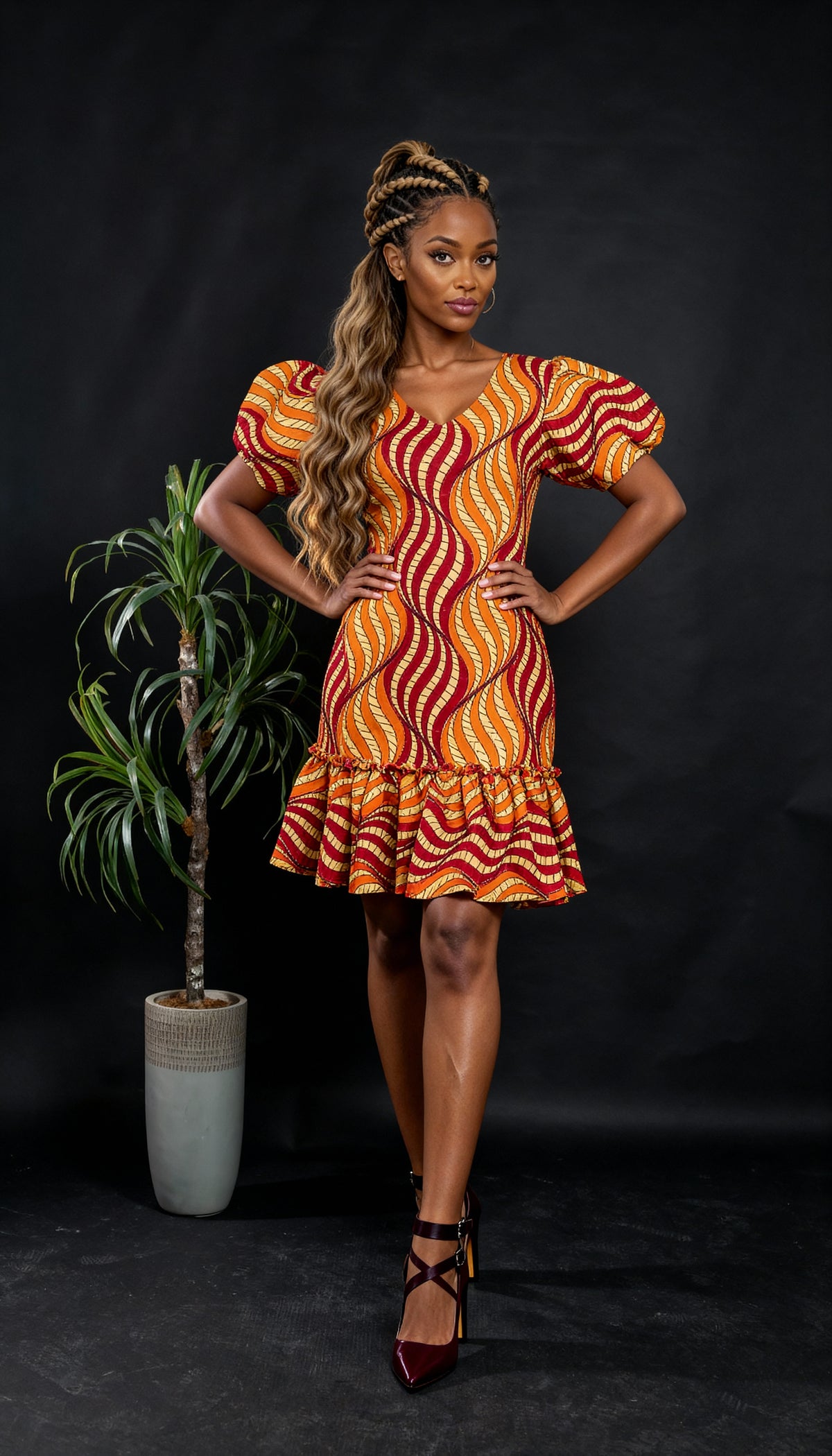 Puff Sleeves Short Dress ( Orange)