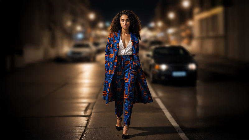 Belted Power PANTSUIT (blue and orange)