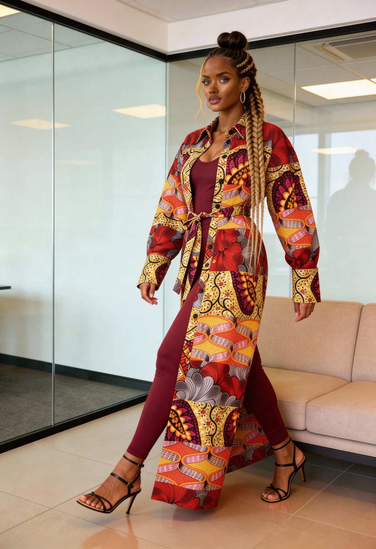 Fabulosity kimono Dress with Long sash ( Multi Red)