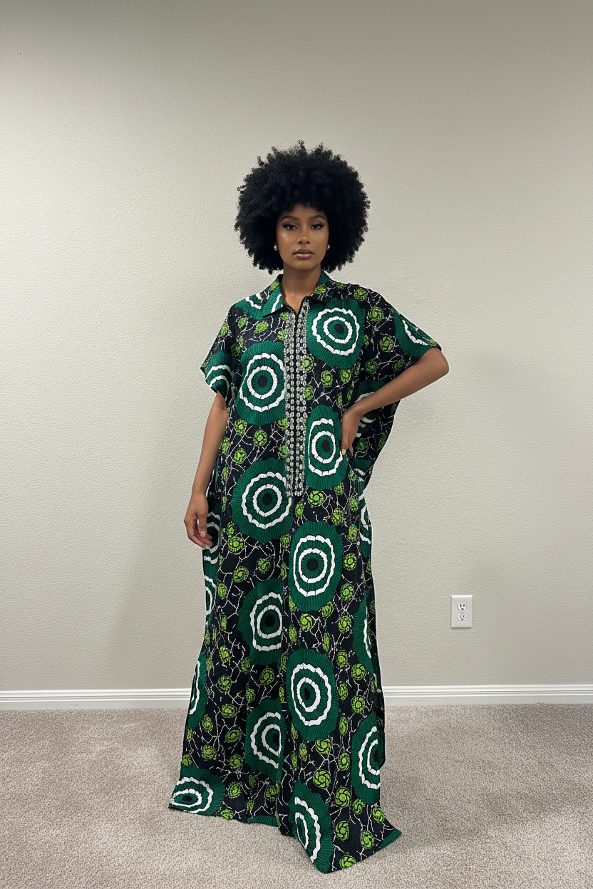 Rhinestone Embellished  long Kaftan dress- Green