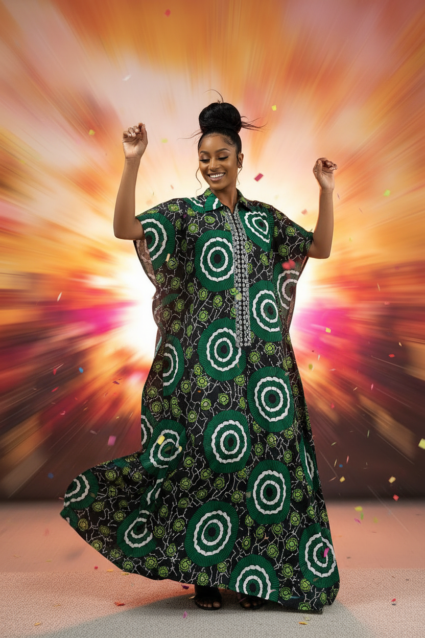Rhinestone Embellished  long Kaftan dress- Green