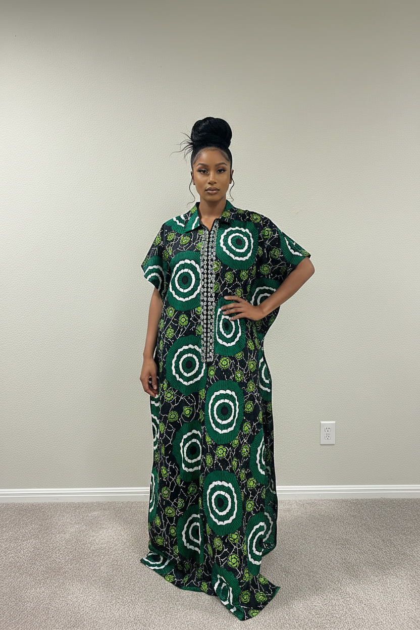 Rhinestone Embellished  long Kaftan dress- Green