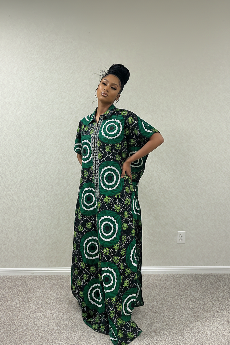 Rhinestone Embellished  long Kaftan dress- Green