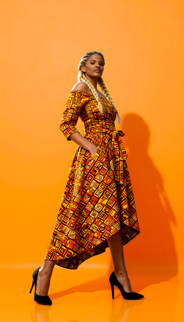 Off-shoulder High-Low Midi dress (Orange)