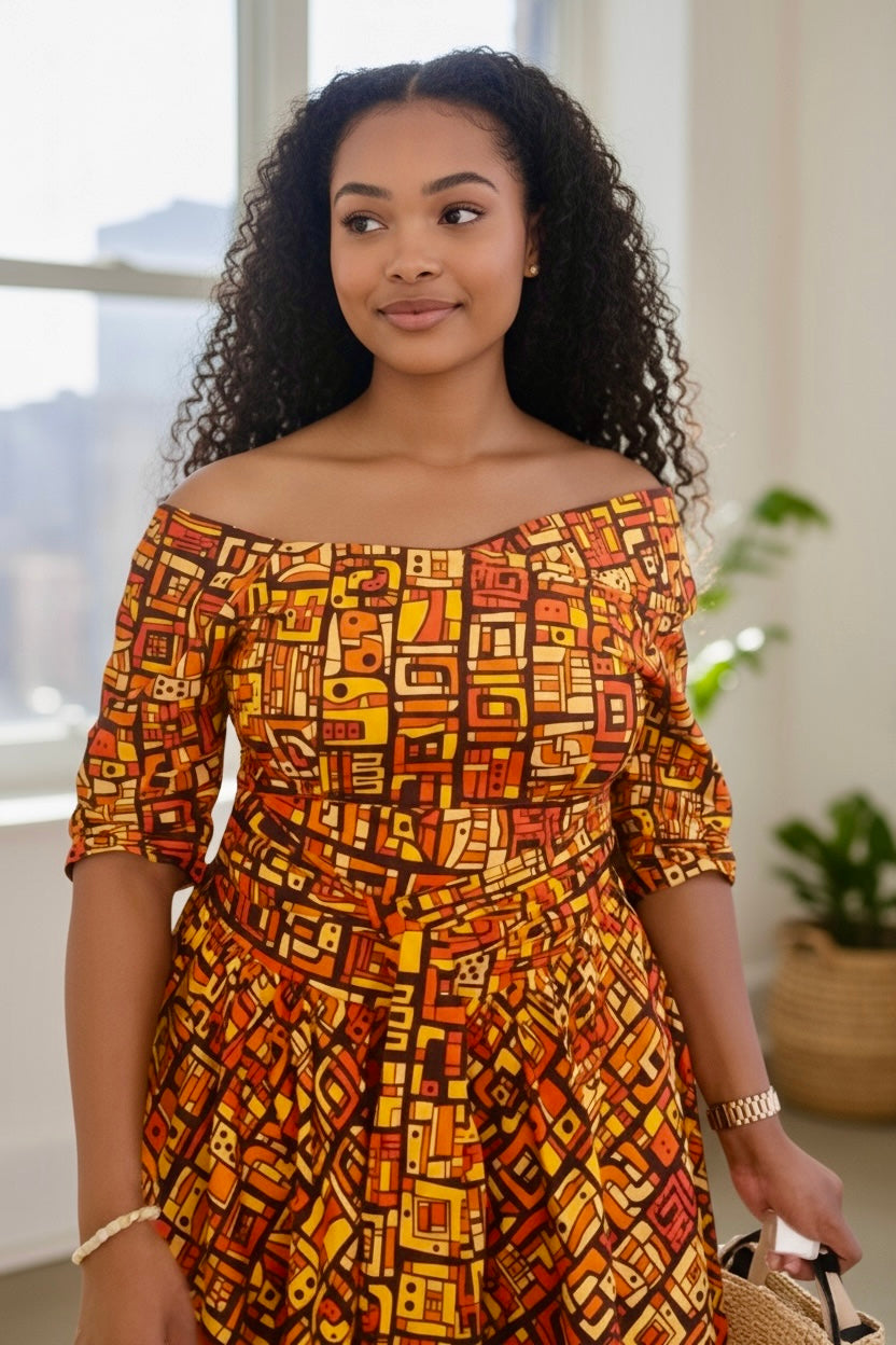 Off-shoulder High-Low Midi dress (Orange)