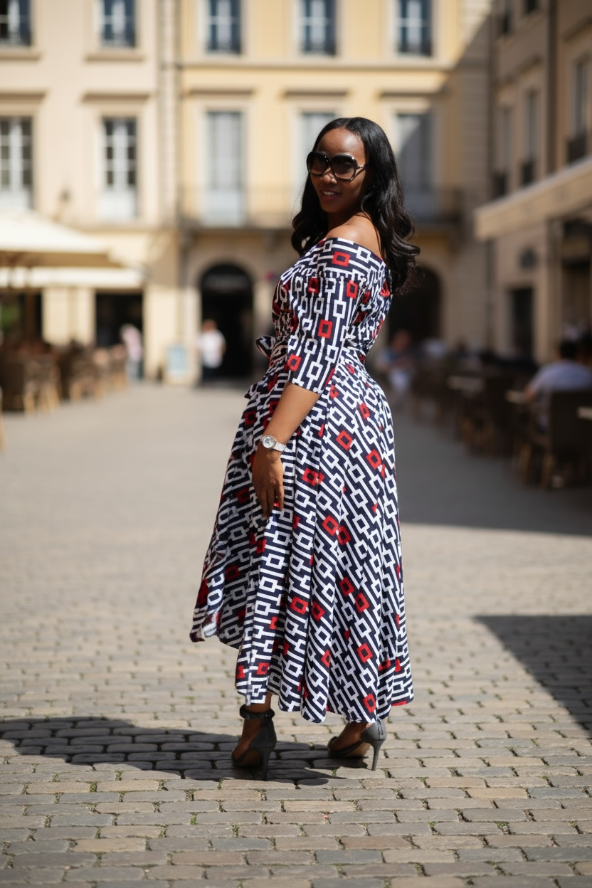 Off-shoulder High - Low Midi dress (Navy Blue, white  and Red)