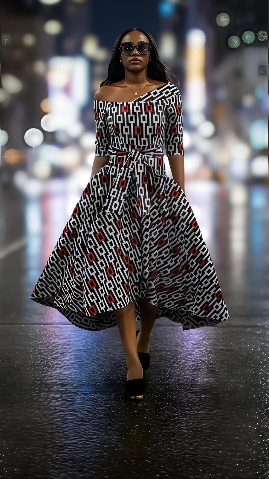 Off-shoulder High - Low Midi dress (Navy Blue, white  and Red)