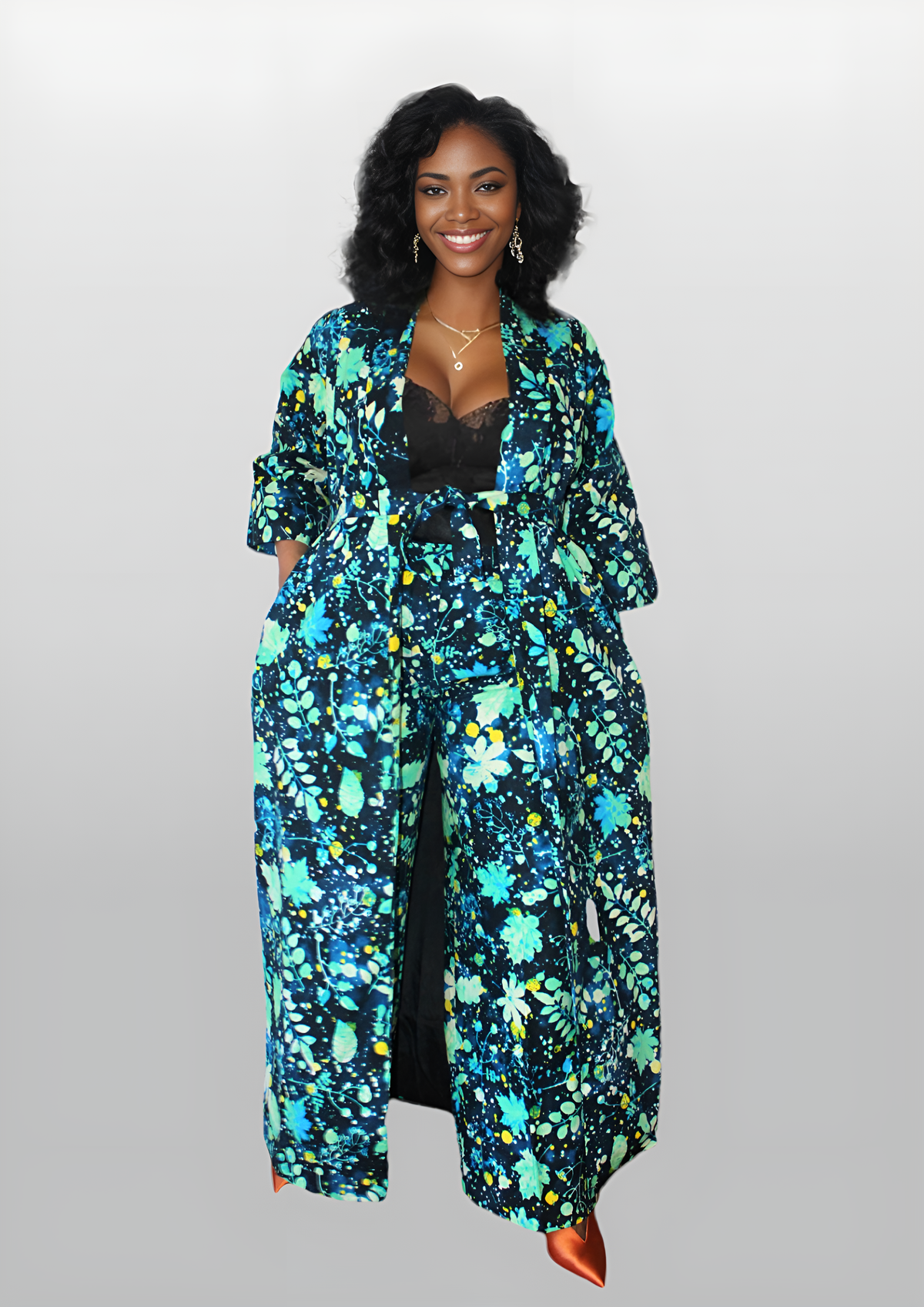 Two-piece Kimono Palazzo Pant Set - (Turquoise)