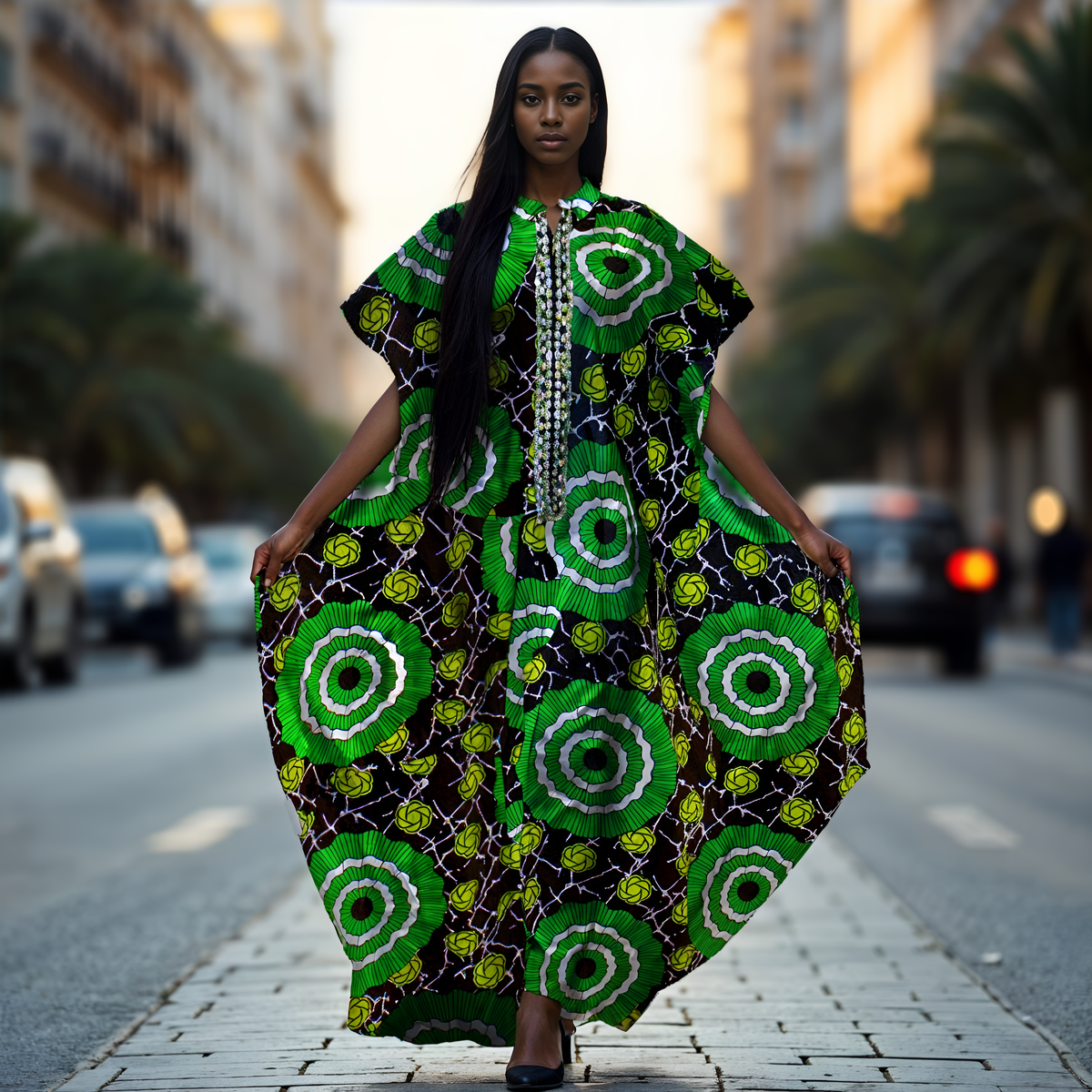 Vibrant Green & Yellow Ankara Kaftan Dress