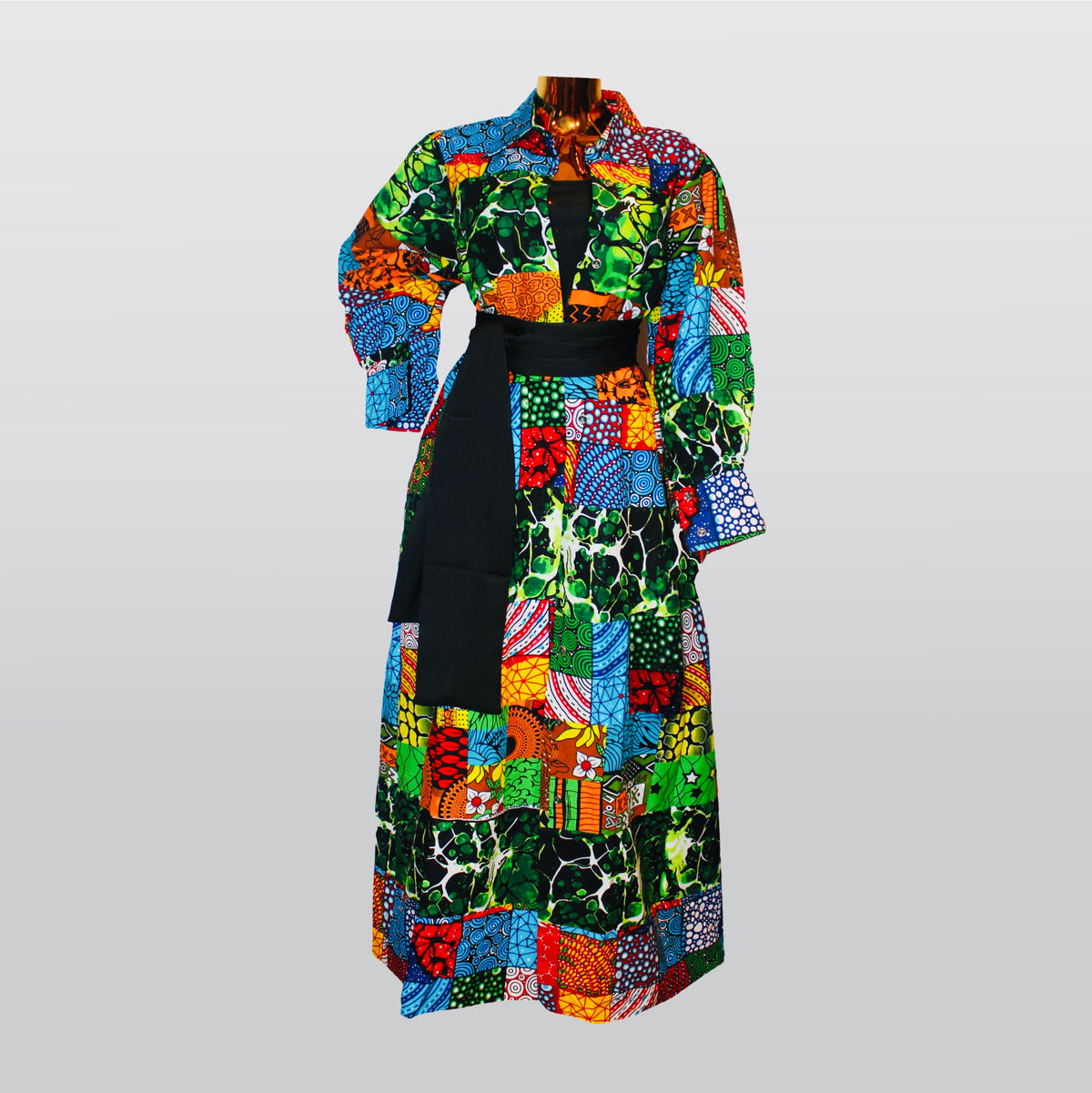 Fabulosity Kimono Dress With Long Sash( multi Green)