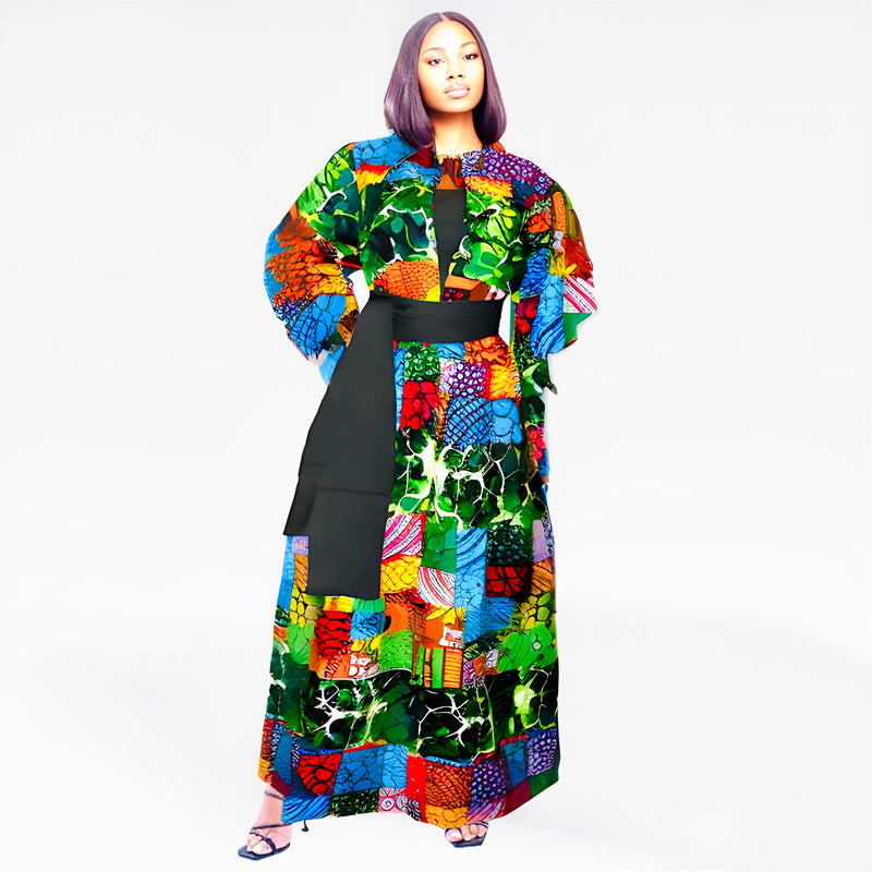 Fabulosity Kimono Dress With Long Sash( multi Green)