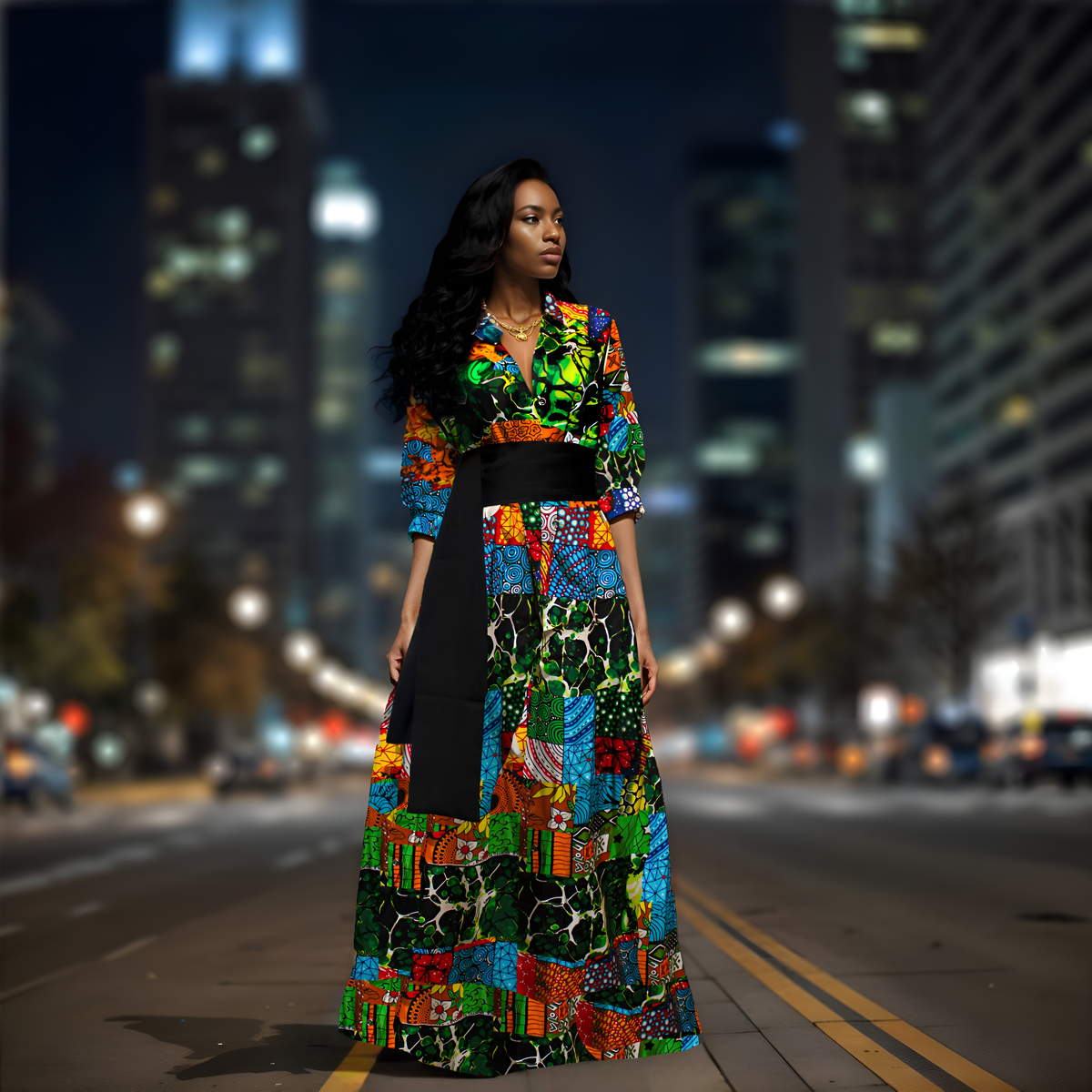 Fabulosity Kimono Dress With Long Sash( multi Green)