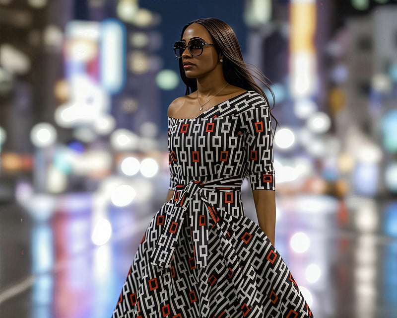 Off-shoulder High - Low Midi dress (Navy Blue, white  and Red)